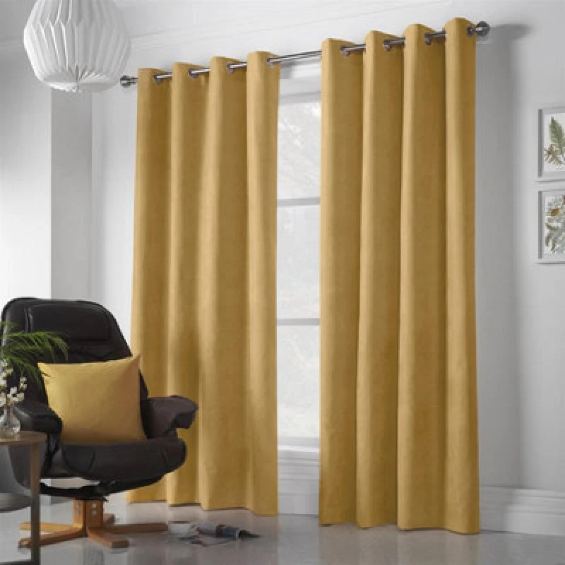 Image of Velvet Chenille Ready Made Eyelet Curtains Ochre