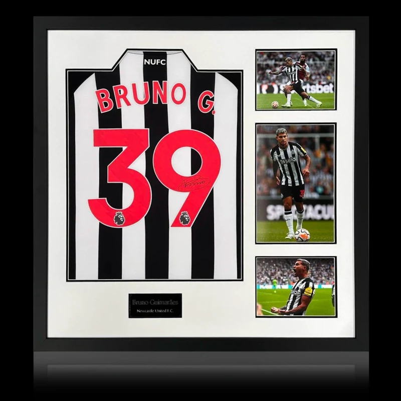 Image of The Fan Cave Bruno Guimaraes Signed Newcastle United 23-24 Shir Black & White unisex 820mm x 82