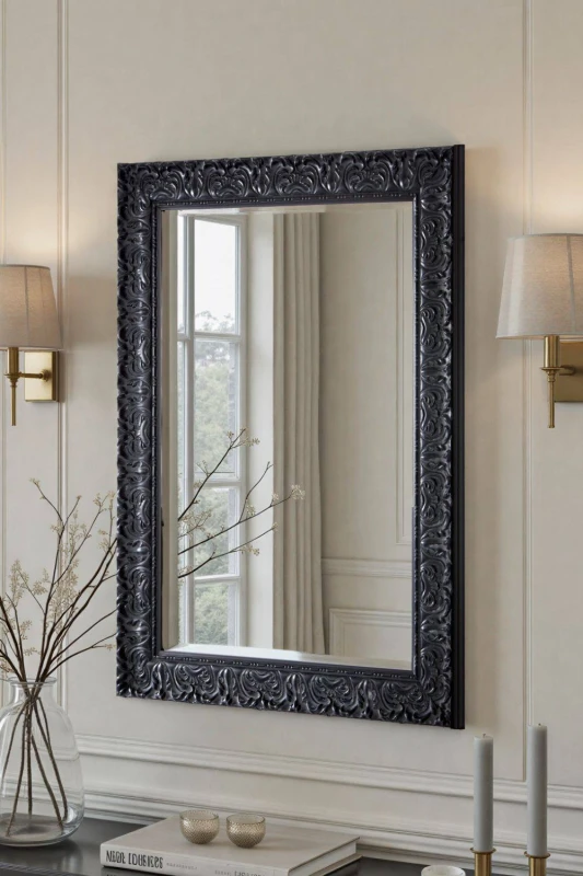 Image of Yearn Mirrors Yearn Mirrors Carved Framed Bevelled Mirror Black 92.5x67cm Black One Size Unisex 0756406341581