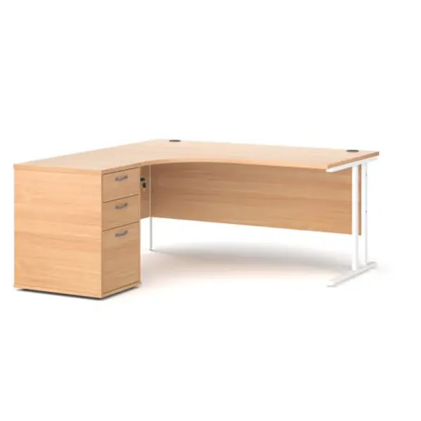 Image of Office Desk Left Hand Corner Desk 1600mm With Pedestal Beech Top With White Frame Maestro 25