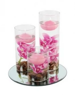 Image of Set Of 3 Floating Candles With Vases And Pink Flowers
