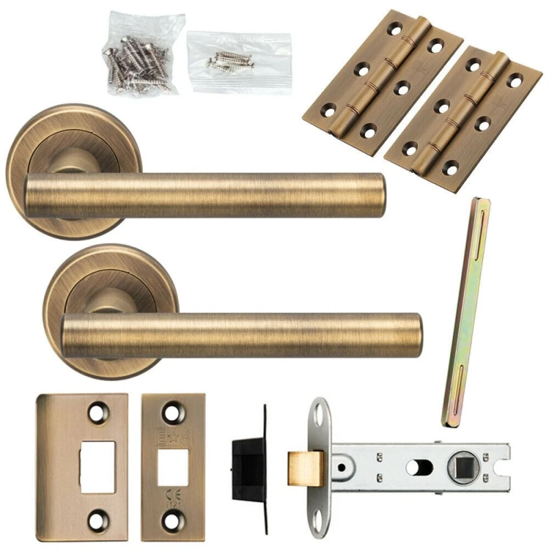 Image of Loops Door Handle & Latch Pack Antique Brass Round T Bar Lever Screwless Round Rose Metallics