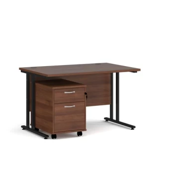 Image of Office Desk Rectangular Desk 1200mm With Pedestal Walnut Top With Black Frame 800mm Depth Maestro 25 SBK212W