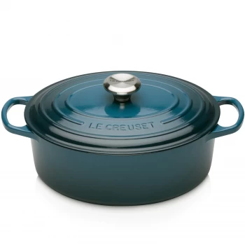 Image of Le Creuset 27cm Cast Iron Oval Casserole Deep Teal
