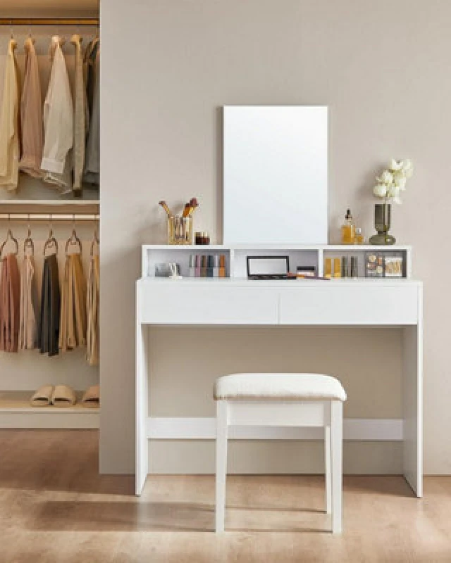 Image of Songmics Vasagle Dressing Table With Large Mirror, Vanity Table With 2 Drawers And 3 Compartments, Makeup Table, Modern, White