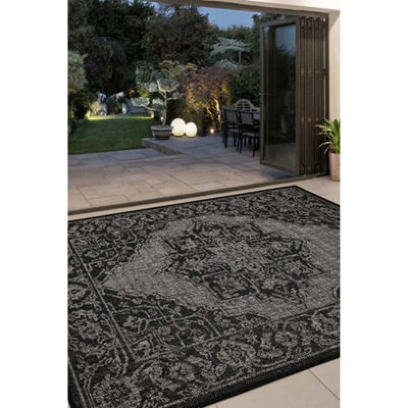 Image of Melrose County Sisal Inspired Traditional Medallion Black Non-Slip Area Rug 060/110Cm