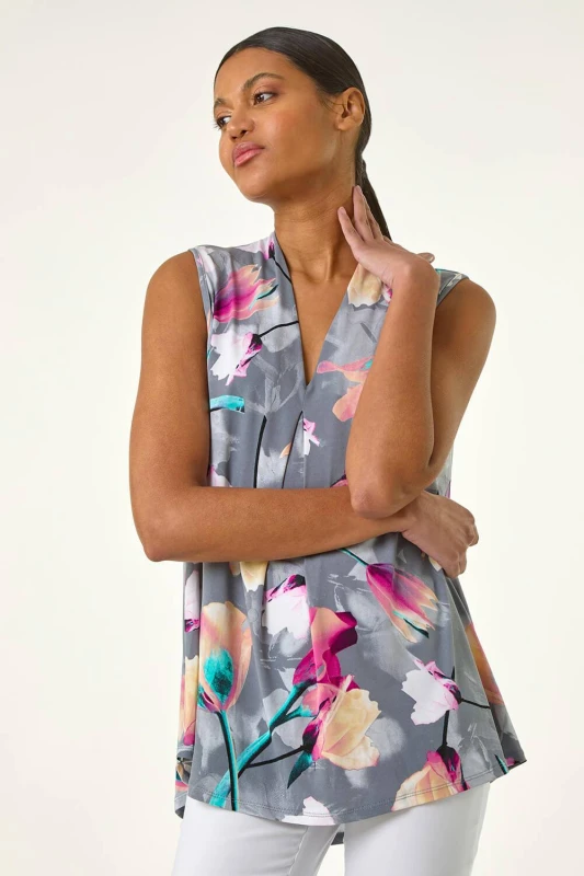 Image of Roman Womens Floral Print Pleat Front Vest in Pink Size: 10 Pink Female 10