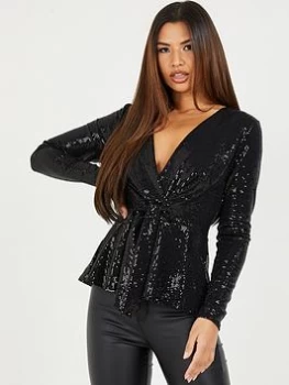 Image of Quiz Black Sequin Peplum Top - 8