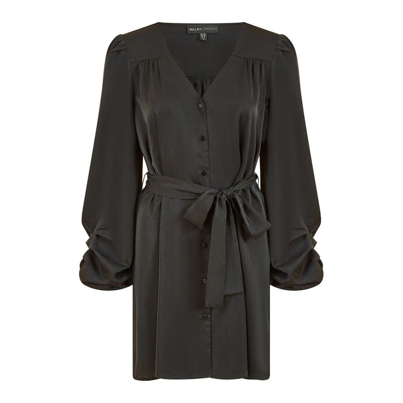 Image of Mela London Mela London Green Balloon Sleeve Shirt Dress - Black 8