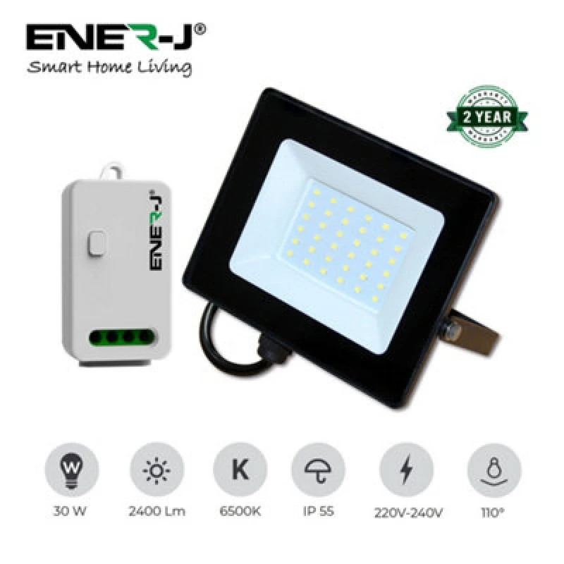 Image of Ener-J 30W LED Floodlight Pre Wired With 500W Rf Receiver + 1 Gang Wireless Kinetic Switch (White Body)