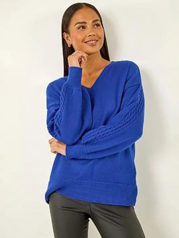 Image of Roman Womens Petite Contrast Sleeve Knit Jumper in Royal Size: 8 Royal Female 8