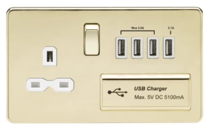Image of KnightsBridge 13A 2G Screwless Polished Brass 1G Switched Socket with Quad 5V USB Charger Ports - White Insert