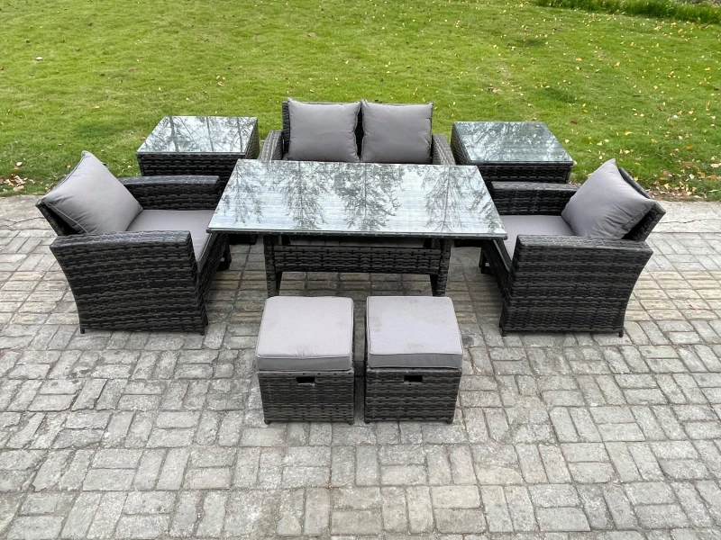 Image of Fimous 6 Seater PE Wicker Outdoor Garden Furniture Set Patio Furniture Rattan Rectangular Dining Table Lounge Sofa in Dark Grey Dark Grey Unisex