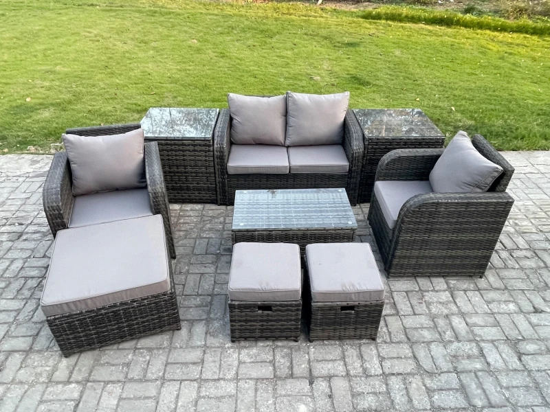 Image of Fimous Wicker PE Rattan Outdoor Furniture Set Garden Love Sofa Coffee Table 2 Armchair 3 Footstools 2 Side Tables Dark Grey