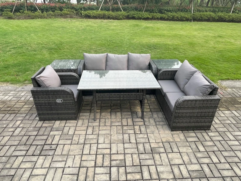 Image of Fimous 6 Piece Rattan Garden Furniture Set with Patio Sofa Rectangular Dining Table 2 Side Table Indoor Conservatory Patio Set in Dark Grey Dark Grey