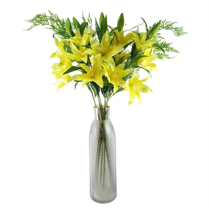 Image of Leaf Leaf 100cm Yellow Lily and Fern Display Glass Vase Yellow
