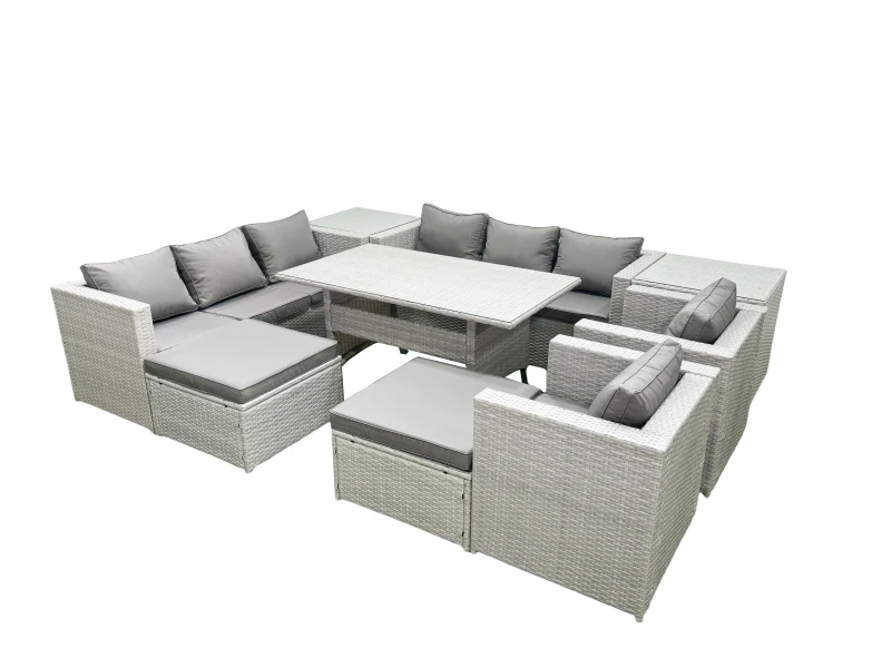 Image of Fimous Rattan Garden Furniture Set Outdoor 8 Seater Patio Dinin g Sofa Sets with Dining Table 2 Chairs 2 Side Tables 2 Big Footstools Light Grey Mixed