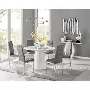 Image of Furniturebox Palma White High Gloss 6 Seat Minimalist Post Modern Round Dining Table & 6 Grey Milan Chrome Leg Faux Leather Chairs