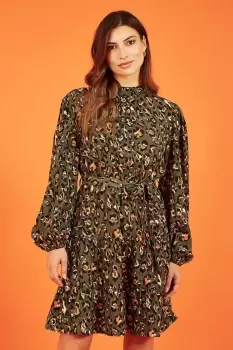 Image of Green Animal Print Long Sleeve Skater Dress