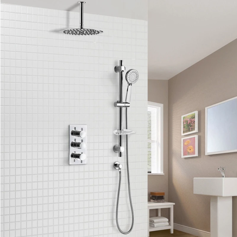 Image of Nes Home Calla 2 Way Slim Round Ceiling Thermostatic Concealed Bathroom Shower Rail Head in Silver Silver Unisex