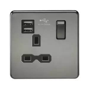 Image of Screwless 13A 1G switched socket with dual usb charger (2.4A) - Black nickel with Black insert - Knightsbridge