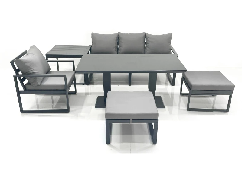 Image of Fimous 6 Seater Garden Sofa Set Aluminium Furniture Rising Dining Tabe Set with Chair 2 Big Footstool Side Table Dark Grey Dark Grey Unisex