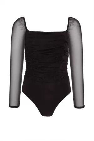 Image of Quiz Black Mesh Square Neck Bodysuit - 6