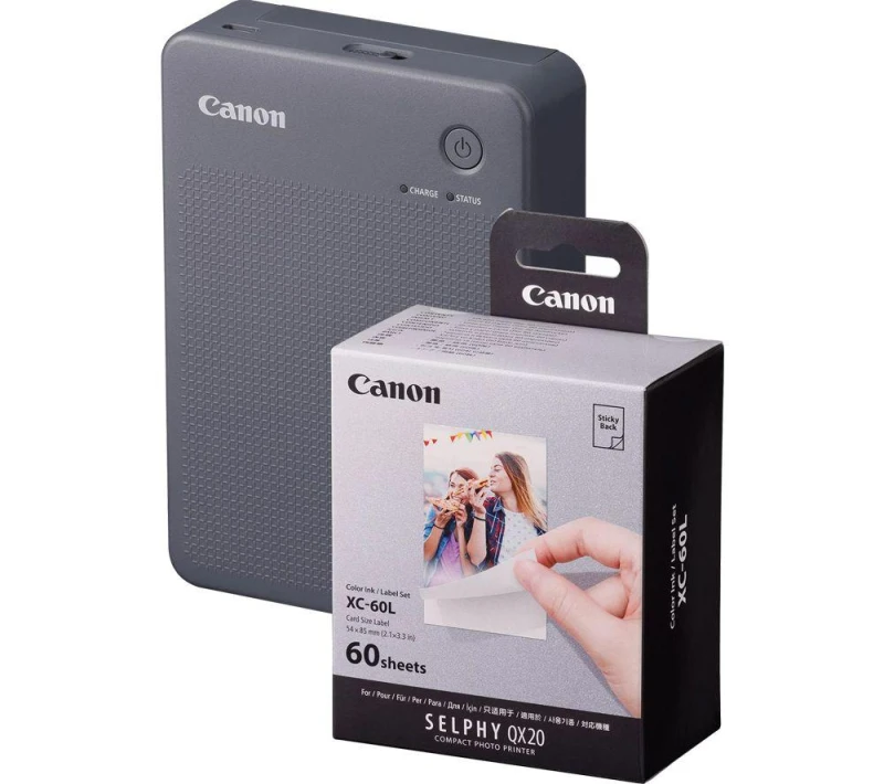 Image of Canon SELPHY QX20 Portable Colour Photo Wireless Printer & XC-60L 54 x 85mm Photo Paper & Ink Set - Dark Grey, 60 Sheets, Silver/Grey 5055189045668
