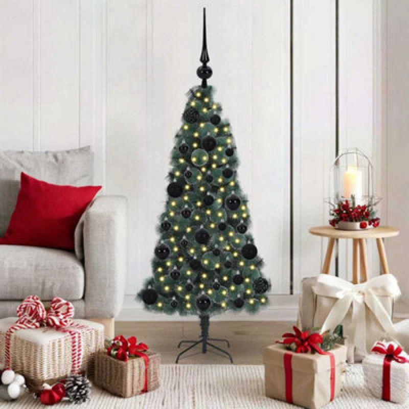 Image of vidaXL Artificial Pre-lit Christmas Tree with LEDs Black Ball Set Green 120 cm, Green 3396142