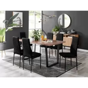 Image of Furniture Box Kylo Brown Wood Effect Dining Table and 6 Black Velvet Milan Black Leg Chairs