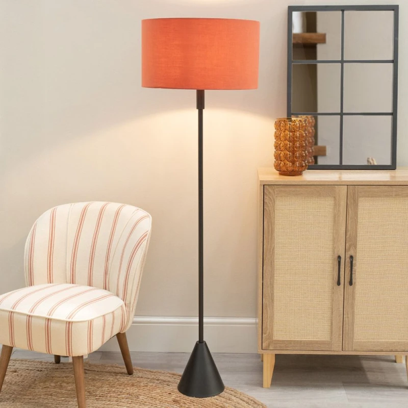 Image of ValueLights ValueLights Mitch Fabric Drum Shade Black Wood Single Stem Triangle Floor Lamp in Burnt Orange Burnt Orange One Size Unisex 5059406064623