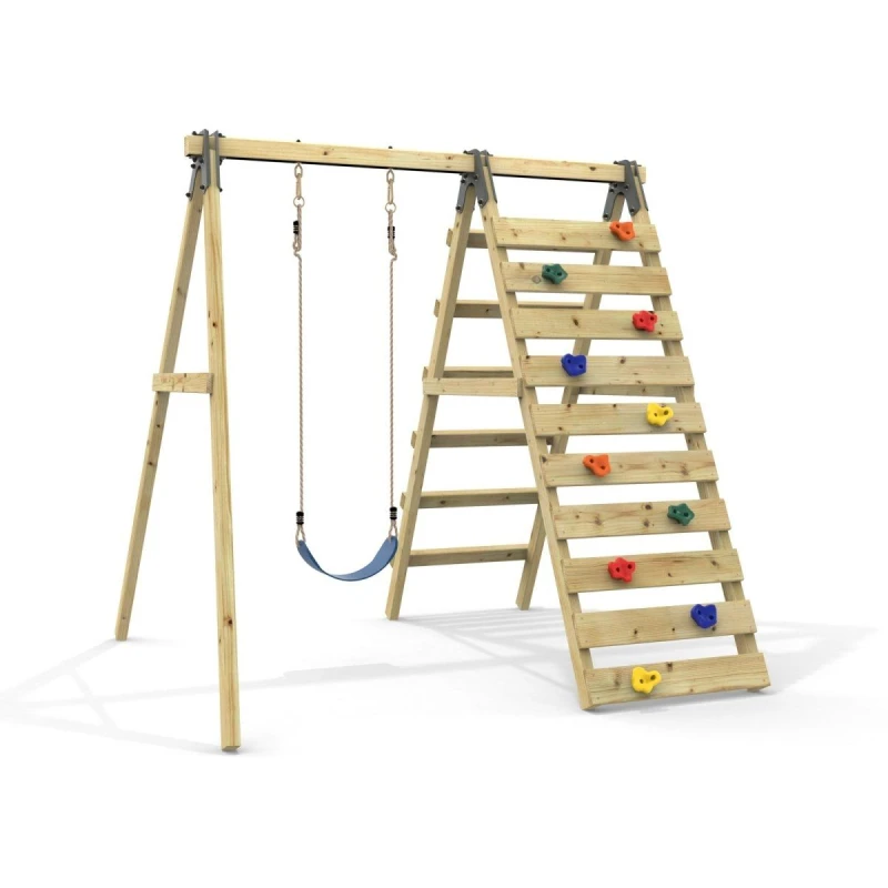 Image of OutdoorToys Glide Wooden Single Swing Set with Climbing Wall & Swing Seat for Kids - Lavender (Navy Blue Belt Swing) in Navy Navy Unisex