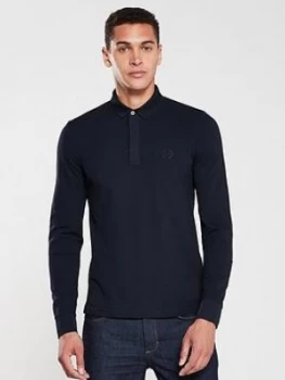 Image of Armani Exchange Long Sleeved Logo Polo Shirt Navy Size S Men