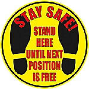 Image of Stewart Superior Floor Sign Stay safe - stand here until the next position is free Vinyl 30 x 30cm 2 Pieces