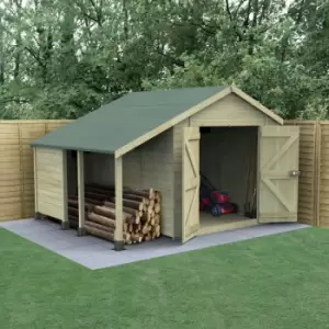 Image of 10' x 8' Forest Timberdale 25yr Guarantee Tongue & Groove Pressure Treated Windowless Double Door Apex Shed with Logstore (3.07m x 2.36m)