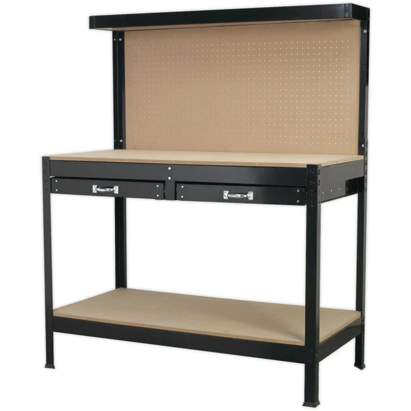 Image of Loops 1.2m Workstation - Rear Panel Pegboard with 2x Draws & Storage Shelf - MDF Top Multi