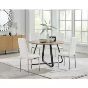 Image of Santorini Brown Wood Contemporary Round Dining Table And 4 White Milan Chairs Set - White