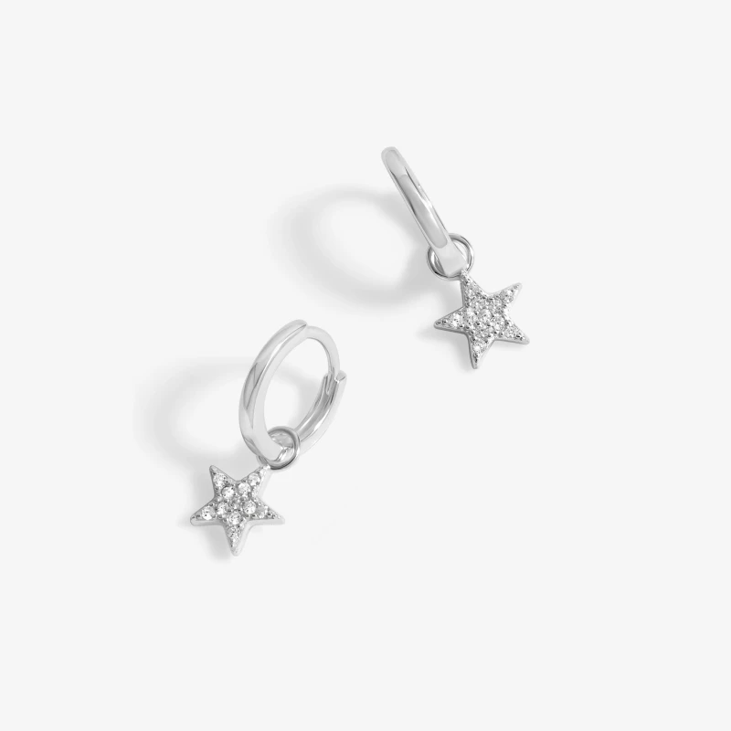 Image of Simply Silver Sterling Silver 925 Pave Star Huggie Hoop Earrings Silver