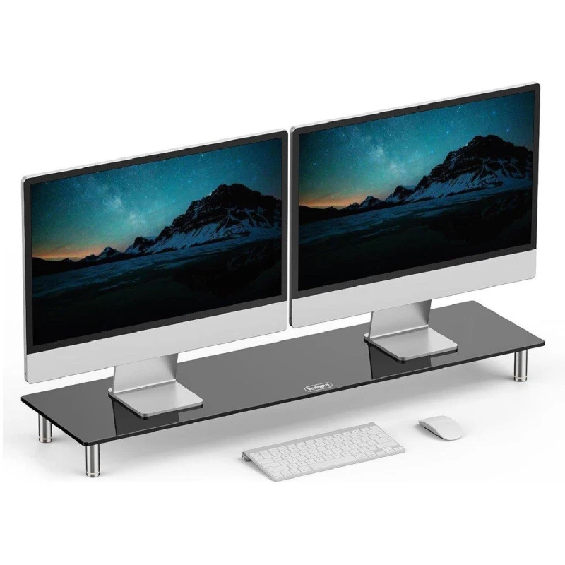 Image of VonHaus Height Adjustable Black Glass Dual Monitor Screen Riser Black