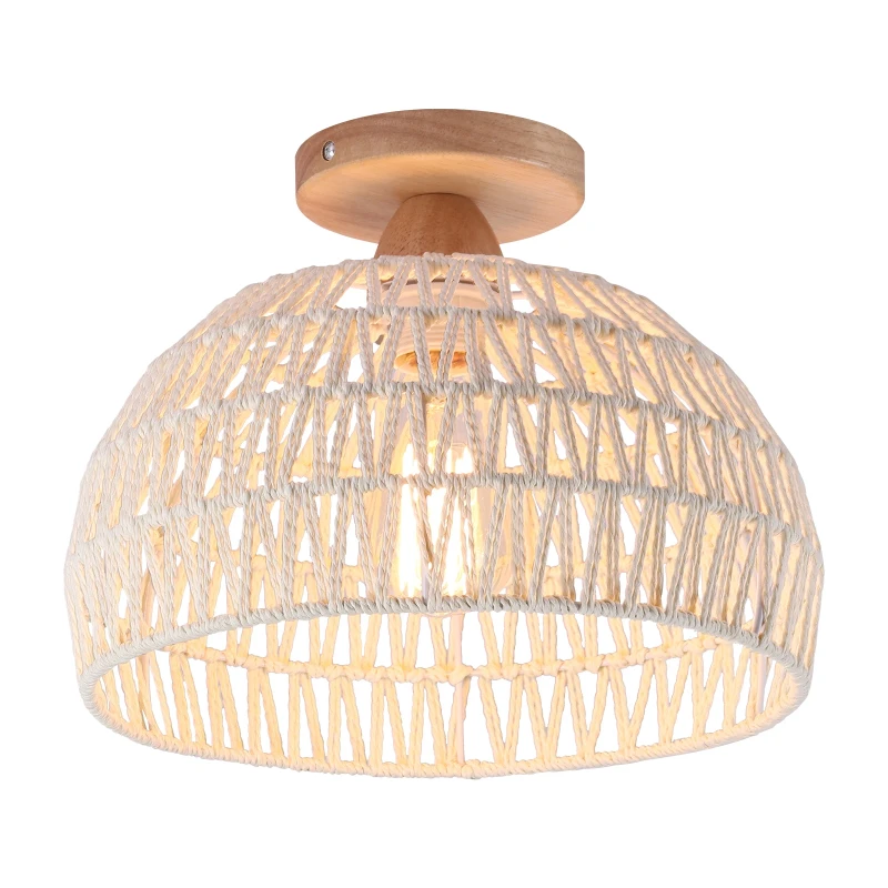 Image of Garwarm Rattan Ceiling Light, Boho Semi Recessed Ceiling Light, E27 Vintage Chandelier Rustic White rattan Lamp, Bulb not included White Unisex