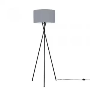 Image of Camden Black Tripod Floor Lamp with XL Dark Grey Reni Shade