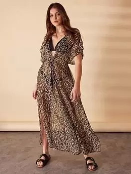 Image of Accessorize Leopard Print Chiffon Maxi Kaftan, Brown, Size S, Women