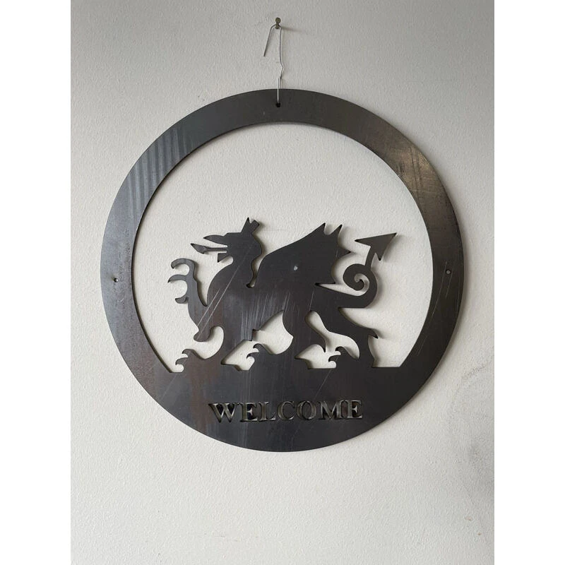Image of Welsh Dragon Wall Art - Small With Text - Steel - W29.5 x H29.5cm - Bare Metal/Ready to Rust PoppyWelshDrgnWlcmsml295MmWA27R