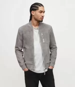 Image of AllSaints Mens Kairo Suede Bomber Jacket, Grey, Size: XS