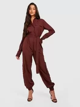 Image of Boohoo Utility Boiler Jumpsuit - Chocolate, Brown, Size 10, Women