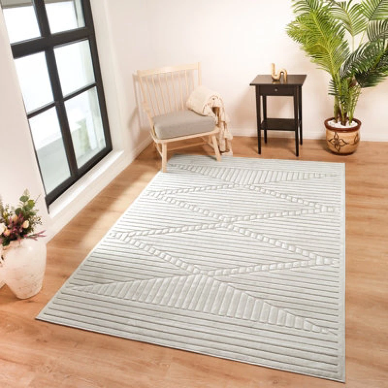 Image of Livabliss In- & Outdoor 3D High & Low Pile Textured White Mitsuko Area Rug 160 X 220 Cm - Easy To Clean, Perfect For Balcony Or Dining Room