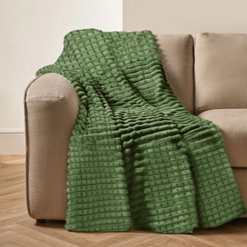 Image of Velosso Elegant Waffle Style Ribbed Thermal Plush Throw - Cosy Winter Embossed Fur Blanket For Sofa, Bed - 200Cm X 240Cm - Olive