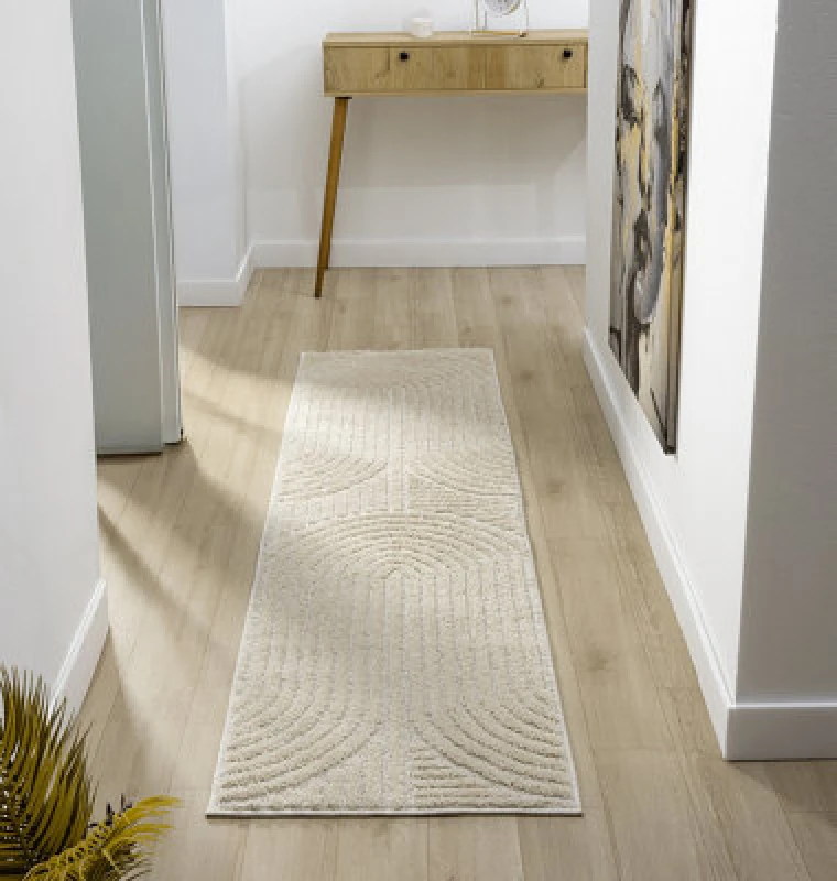 Image of Isabella Living Room Area Rugs - Embossed Mazia Arch Lines Design Cream 60Cm X 220Cm