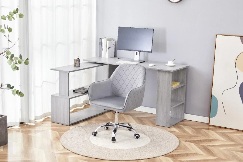 Image of KOSY KOALA KOSY KOALA Grey Office Desk L-shaped with Grey Velvet Upholstered Chair Wooden Room Furniture Grey One Size Unisex 5061055341758