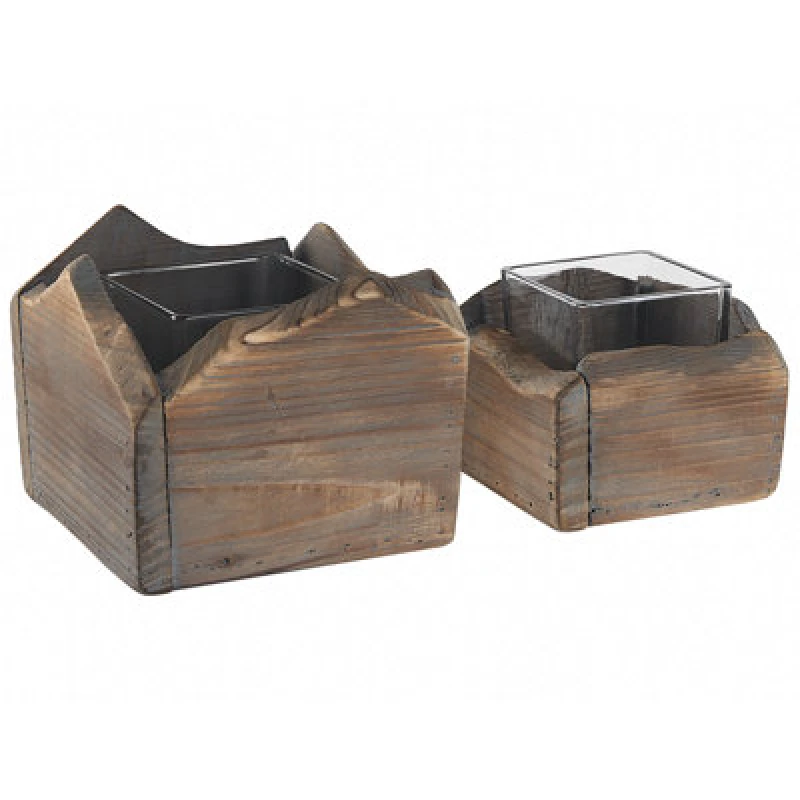 Image of Beliani Set Of 2 Candle Holders Plateros Fir Wood 15/12cm Dark Brown
